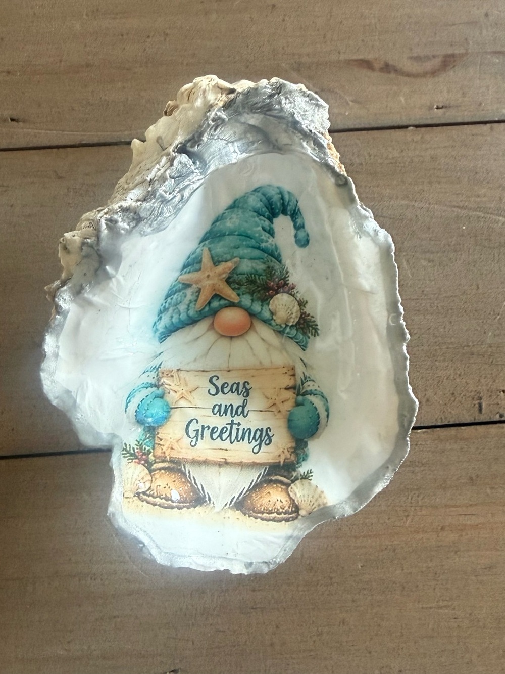 Oyster Shell Seas and Greetings Teal Coastal Gnome Holiday Trinket Dish